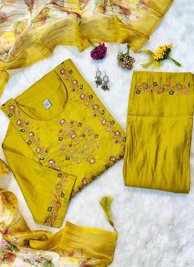 Pure Muslin Mustard Festival Wear Hand Work Readymade 3 Pcs Kurti 